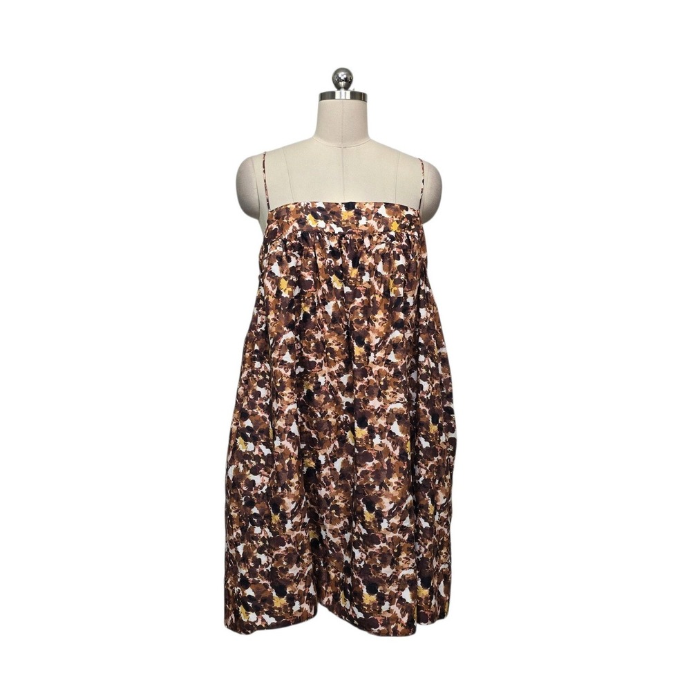 Anthropologie Floral Babydoll Mini Dress XL Brown Abstract Cotton Cutout Back